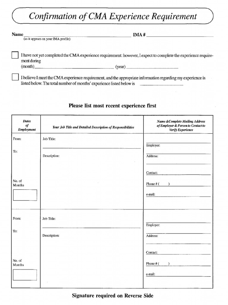 Cma Experience Requirement Verification Form PDF