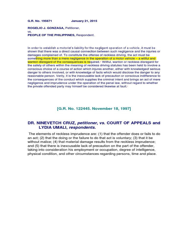 Juris For Reckless Imprudence Resulting To Homicide PDF Negligence