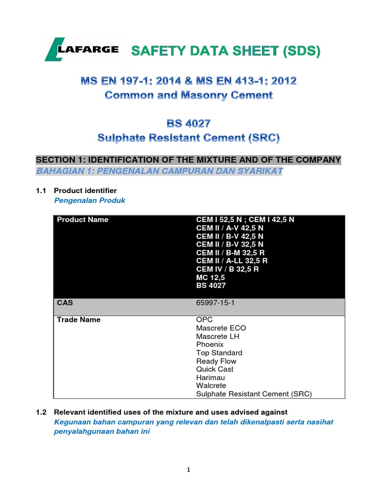 SAFETY DATA SHEETLafarge Common & Masonry Cement (MS en 197 & en 413