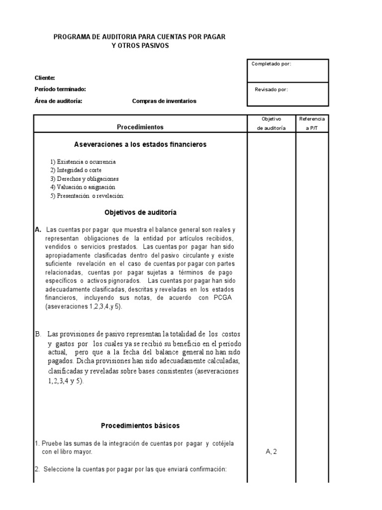 Programa de Auditoría Cuentas por Pagar | PDF | Auditoría | Cheque