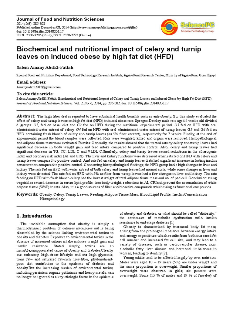 Celery and Turnip Leaves' Effects on Obesity | PDF | Dietary Fiber ...