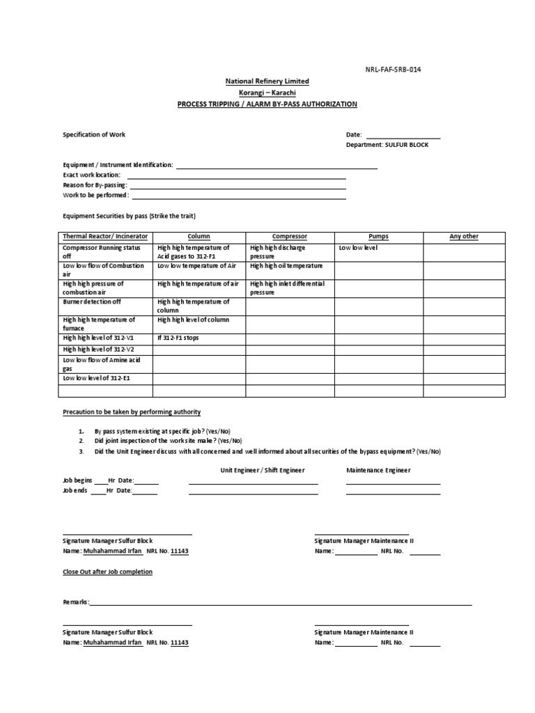 Sulfur Block Alarm Bypass Authorization | PDF | Combustion | Incineration