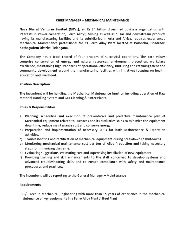 01 18Jun2018 Cheif-Manager Mechanical | Pdf | Nature | Energy And Resource