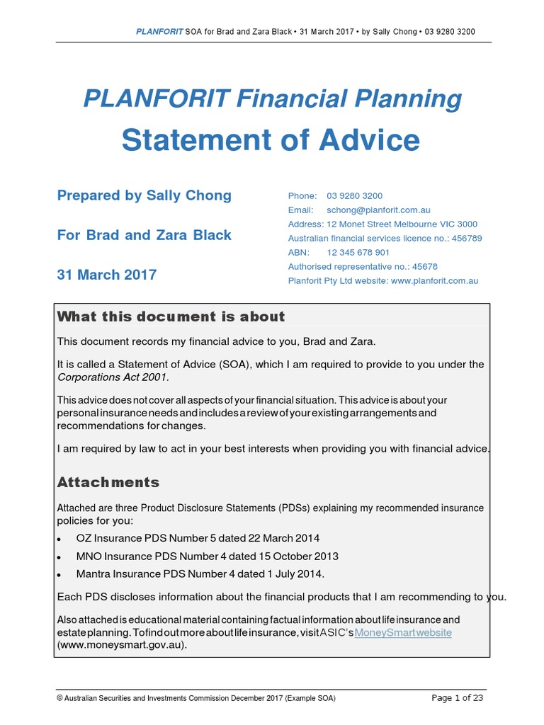 Statement of Advice: PLANFORIT Financial Planning | PDF | Pension ...