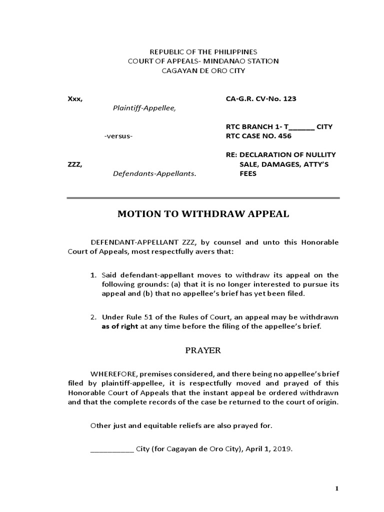 Motion To Withdraw Appeal PDF