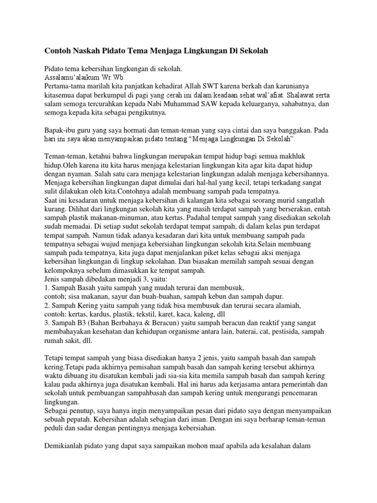 Contoh Naskah Pidato Tema Menjaga Lingku