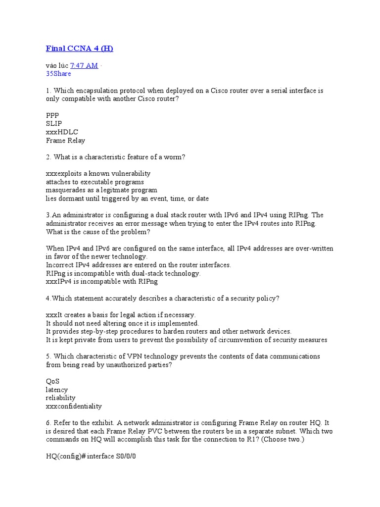 Final CCNA 4 (May 2010) | PDF | Router (Computing) | Computer Network