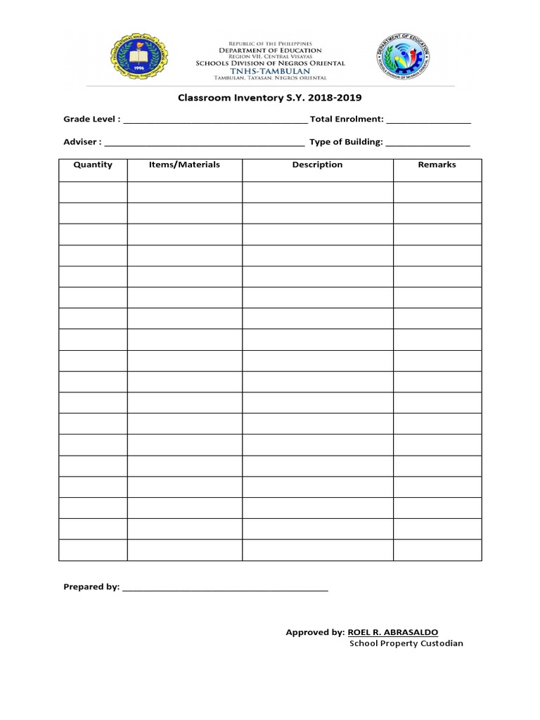 Classroom Inventory S.Y. 20182019 School Property Custodian PDF