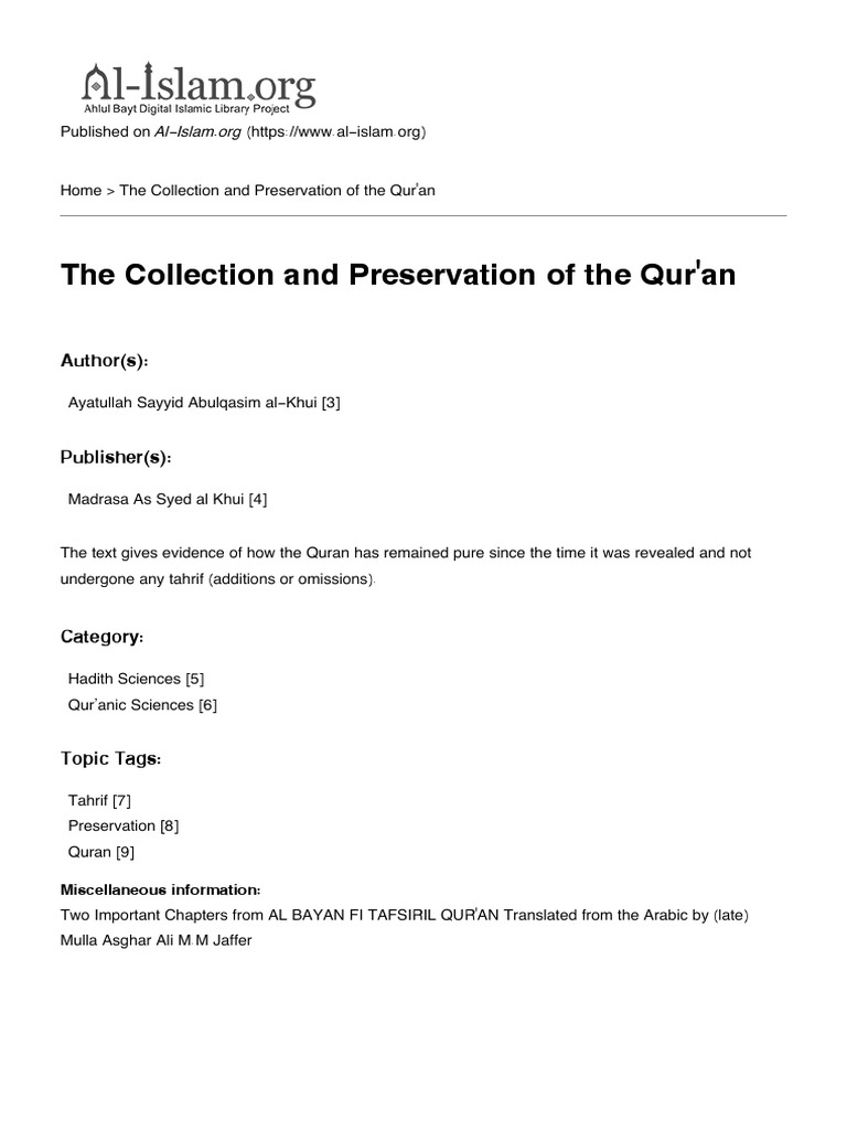 The Collection And Preservation Of The Quran Pdf Quran Islam