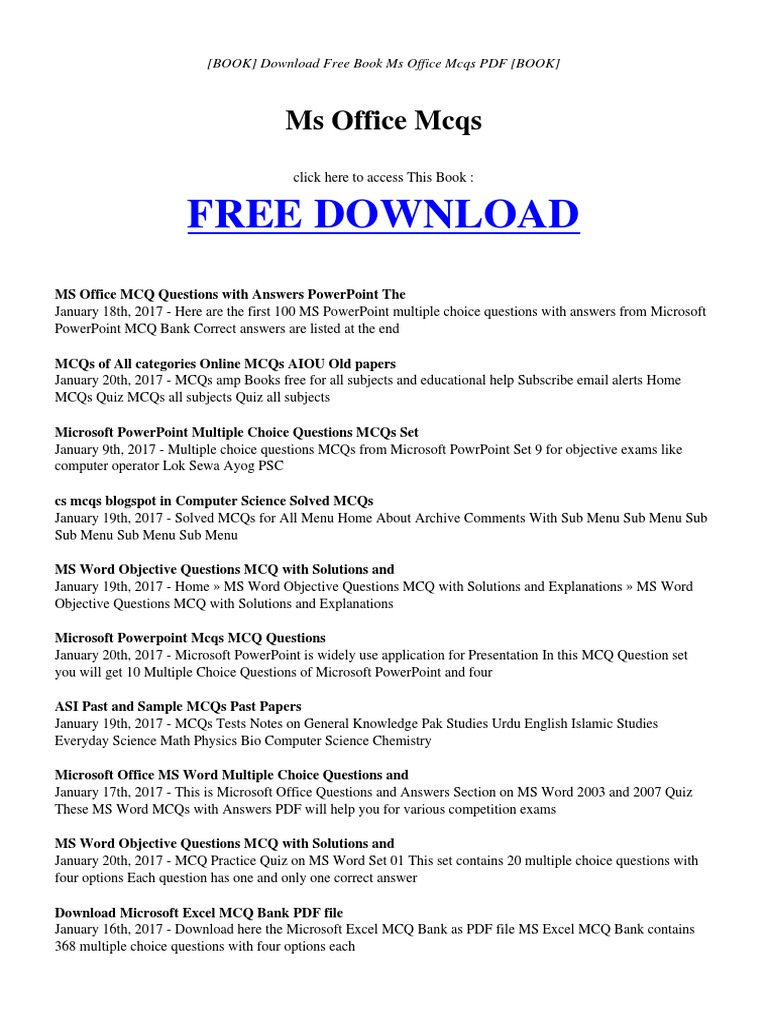 Ms Office Mcqs Multiple Choice Microsoft Office