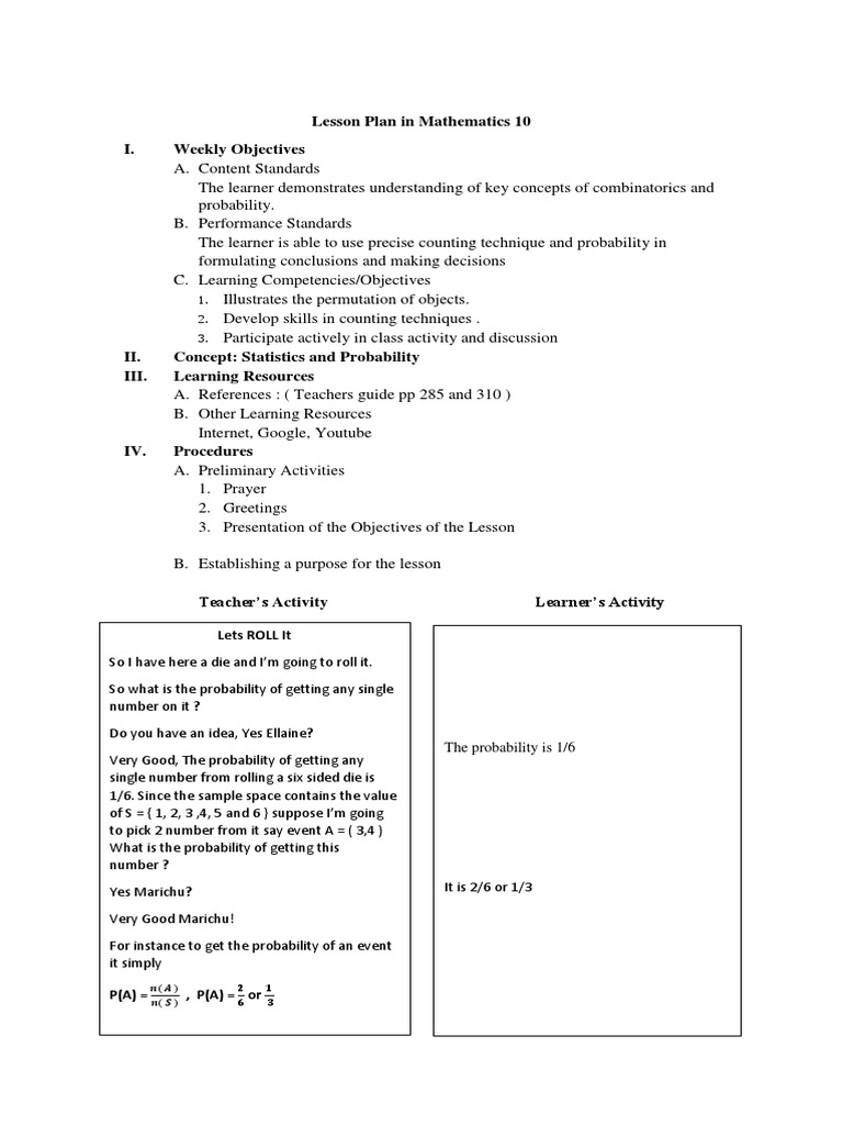 Lesson Plan in Mathematics 10 I. Weekly Objectives: Lets ROLL It | PDF ...