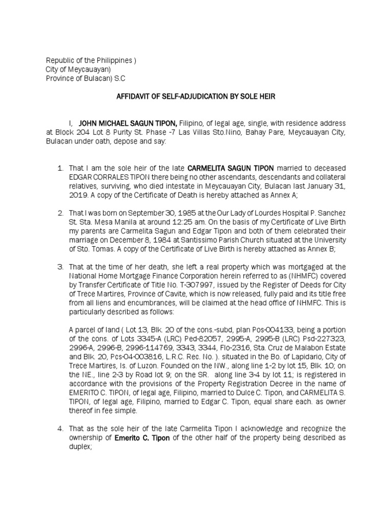 Sole Claim to Inherited Property Affidavit of SelfAdjudication by the