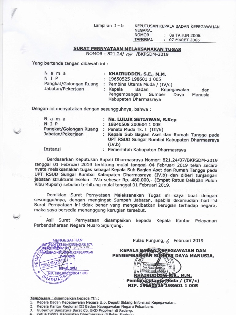 Surat Pernyataan Melaksanakan Tugas | PDF