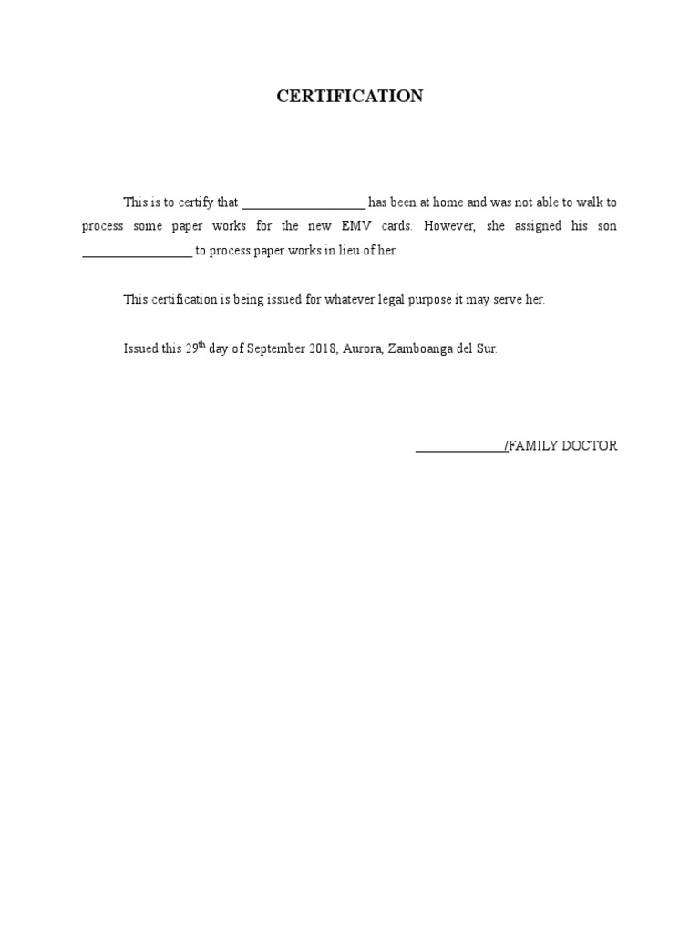 Certification: - To Process Paper Works in Lieu of Her | PDF