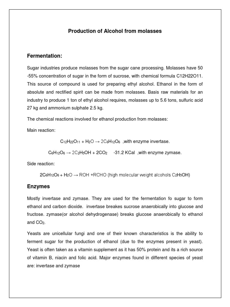 Production of Ethanol from Sugarcane Molasses through Fermentation A