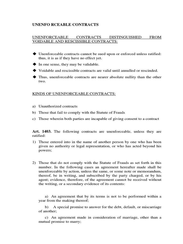 Unenforceable Contracts in the Philippines | PDF | Guarantee | Lease