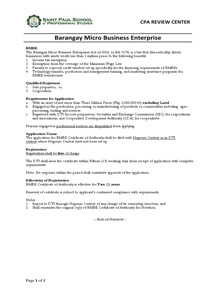 BMBE Registration and Benefits Overview | PDF | Sole Proprietorship ...
