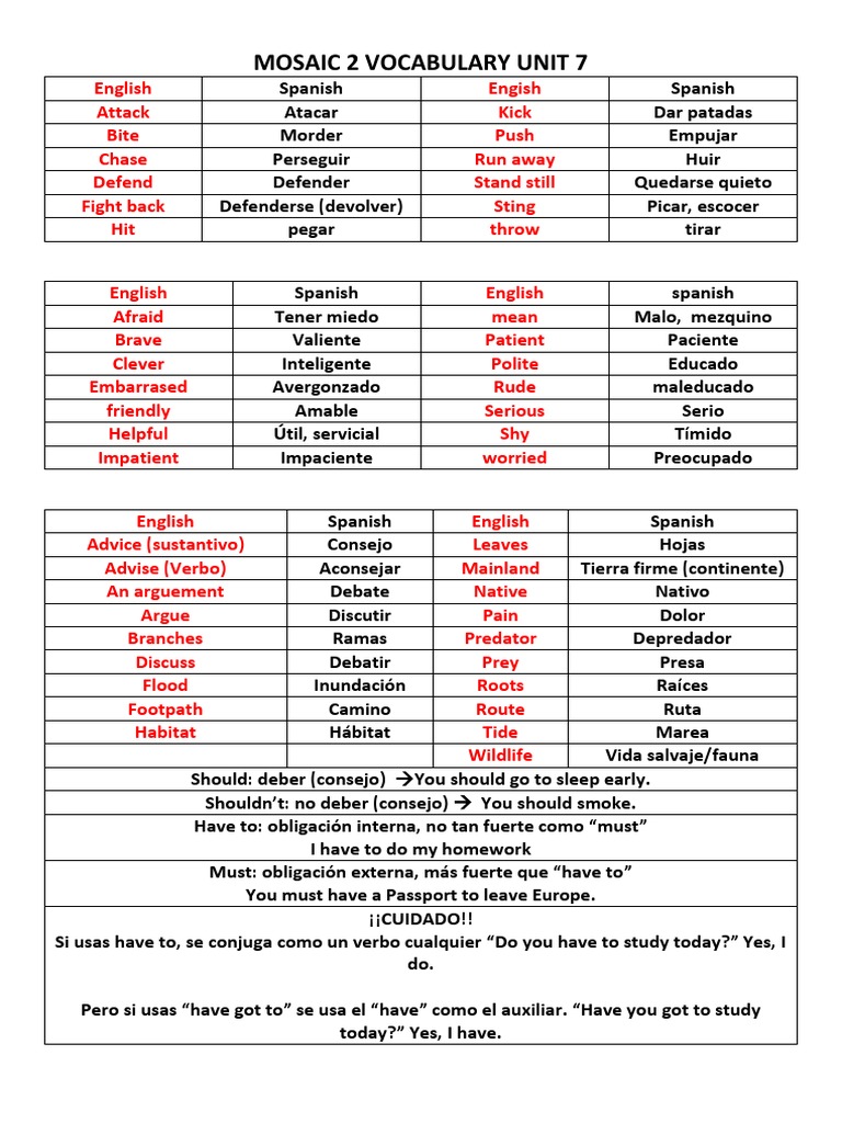 Vocabulary List Mosaic 2 Unit 7 PDF Nature