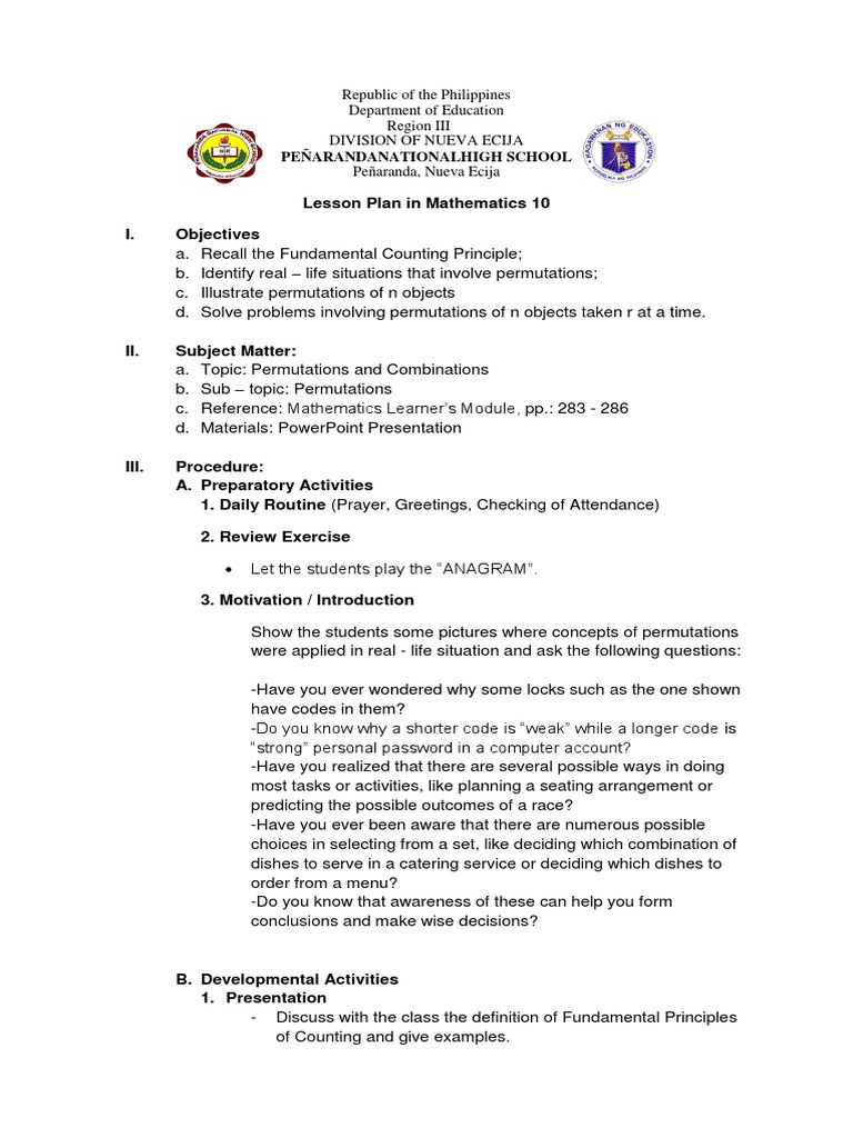 Mathematics 10 Lesson Plan: Permutations | PDF | Permutation | Teaching ...