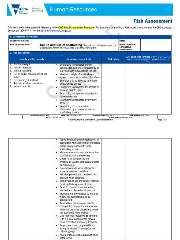 Scaffolding Risk Assessment Template | PDF | Occupational Safety And ...