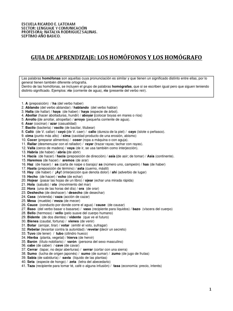 GUIA DE TRABAJO N°3 40 Homófonos PDF Lingüística Naturaleza