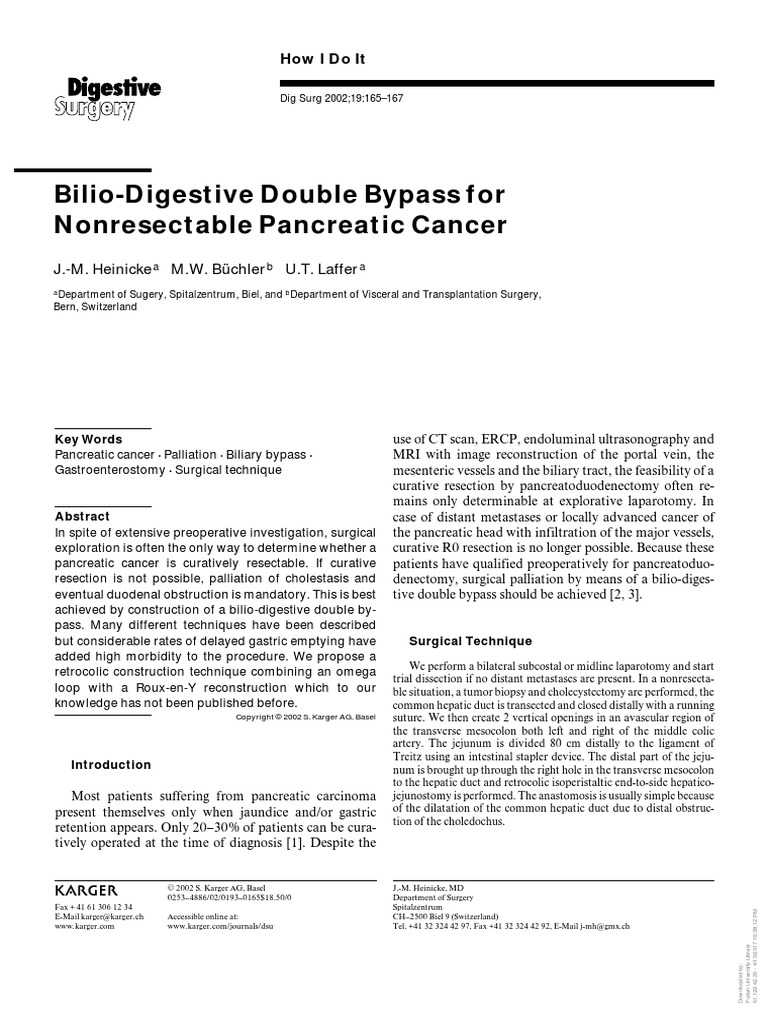 Double Bypass Operation Technique PDF Pancreatic Cancer Organ
