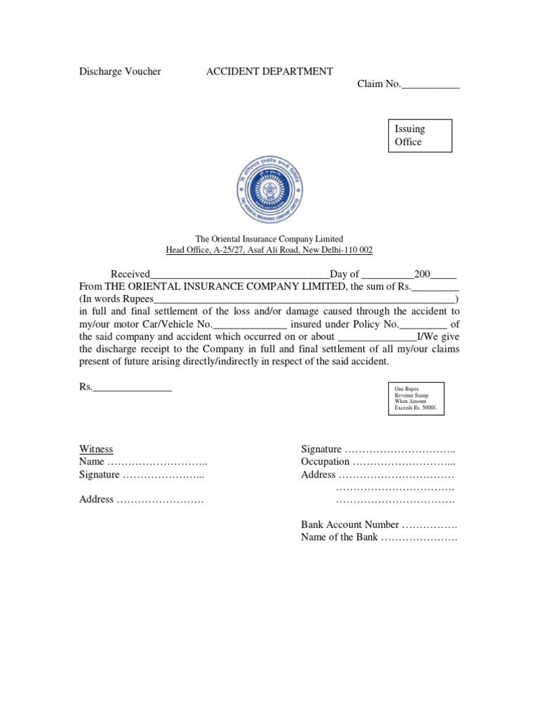 Oriental Insurance Discharge Voucher | PDF