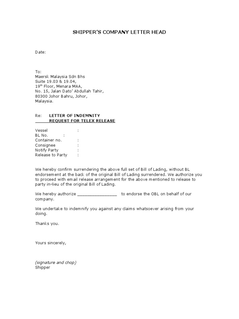 Telex Release Request and Indemnity Letter | PDF