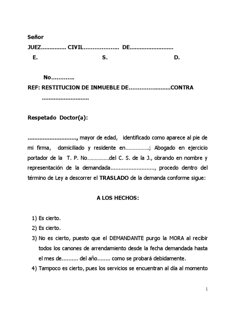Contestación a demanda de restitución inmobiliaria | PDF | Demanda ...