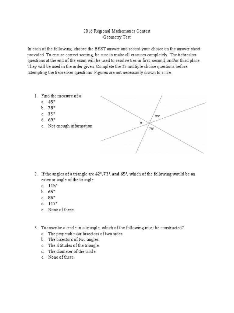 2016 Regional Geometry Exam Final Pdf Triangle Circle