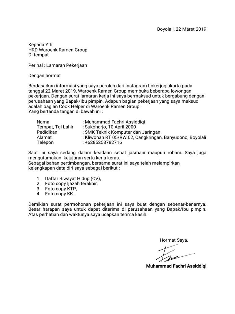 Surat Lamaran Kerja Cook Helper