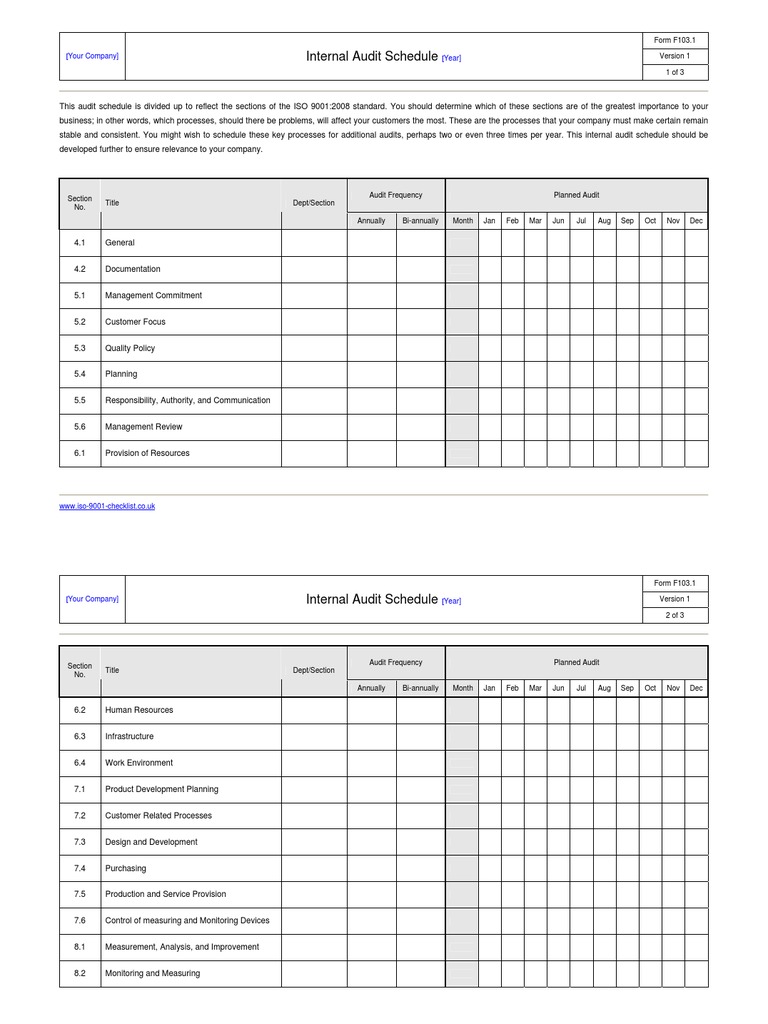 Internal Audit Schedule Example Pdf Iso 9000 Internal Audit