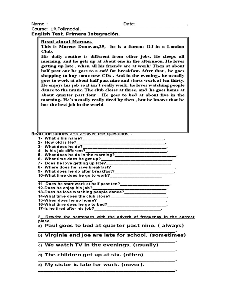 English Test: Daily Routine Questions | PDF