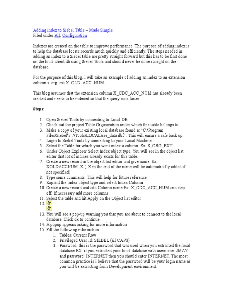 Adding Index to Siebel Table Guide | PDF | Database Index | Data ...