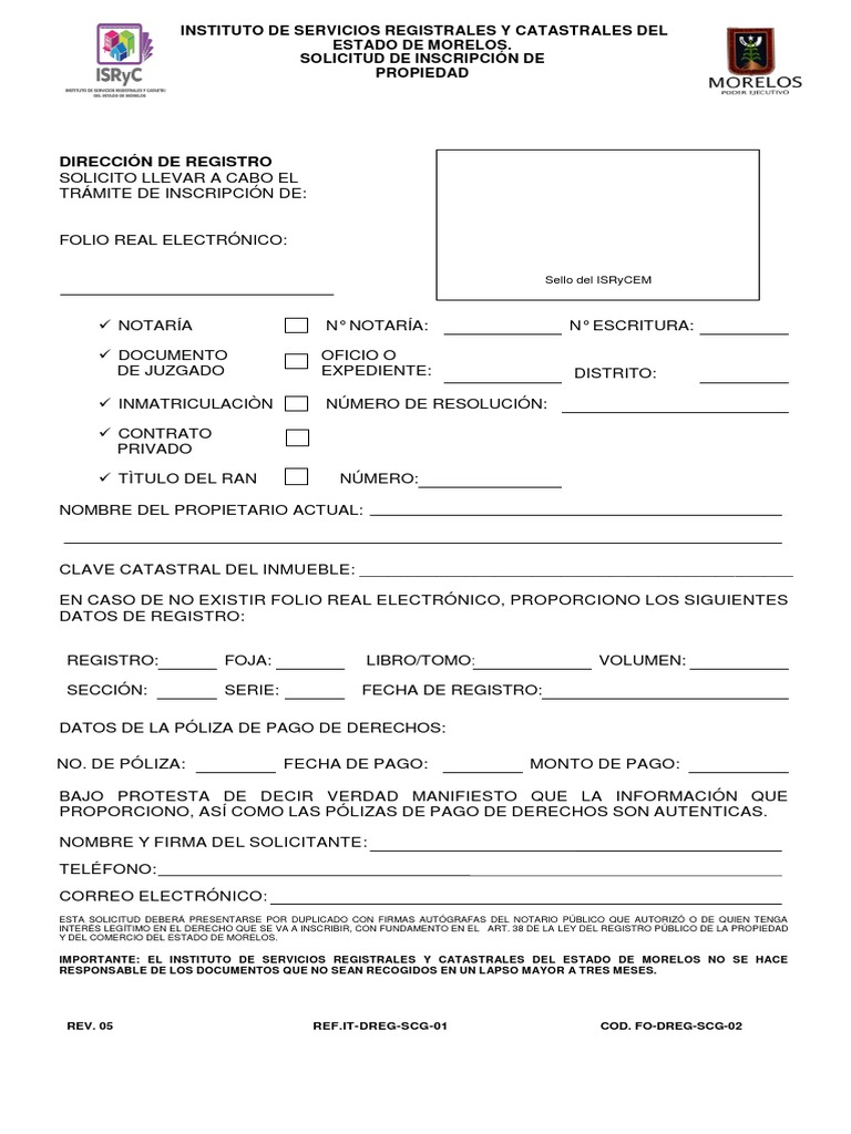 FODREGSCG02 Solicitud de Inscripción de Propiedad