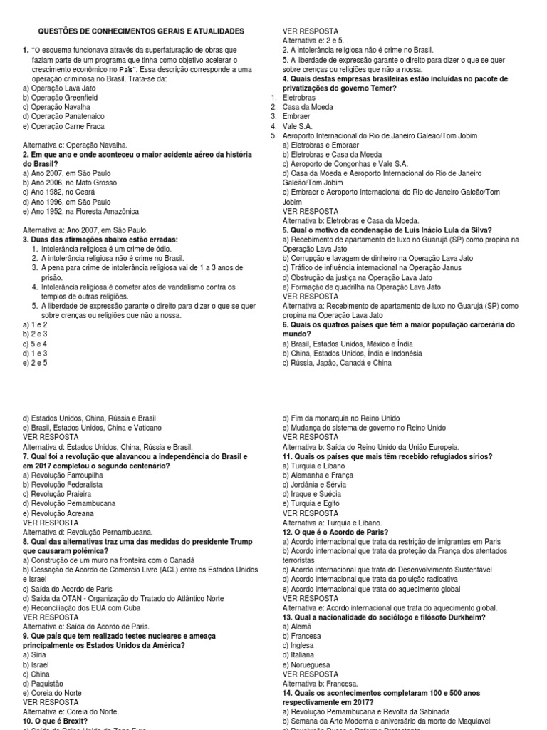 Quiz de Conhecimentos Gerais e Atualidades | PDF | Brasil | França