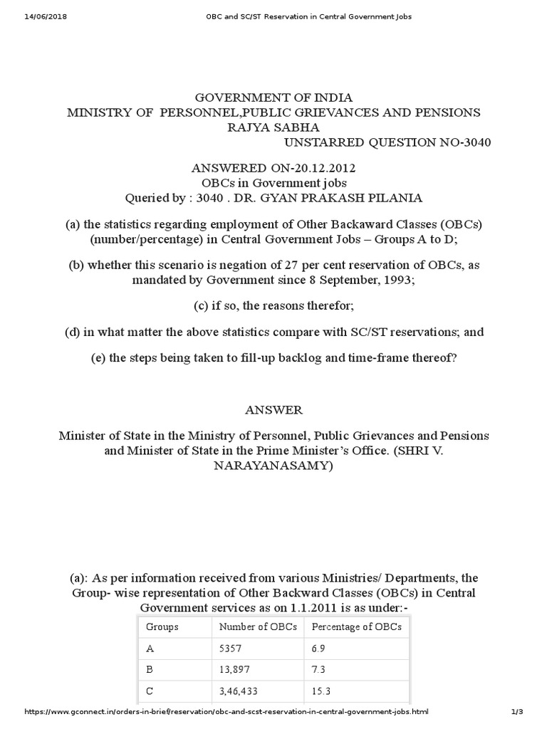 OBC and SC - ST Reservation in Central Government Jobs | PDF | Social  Inequality | Discrimination & Race Relations