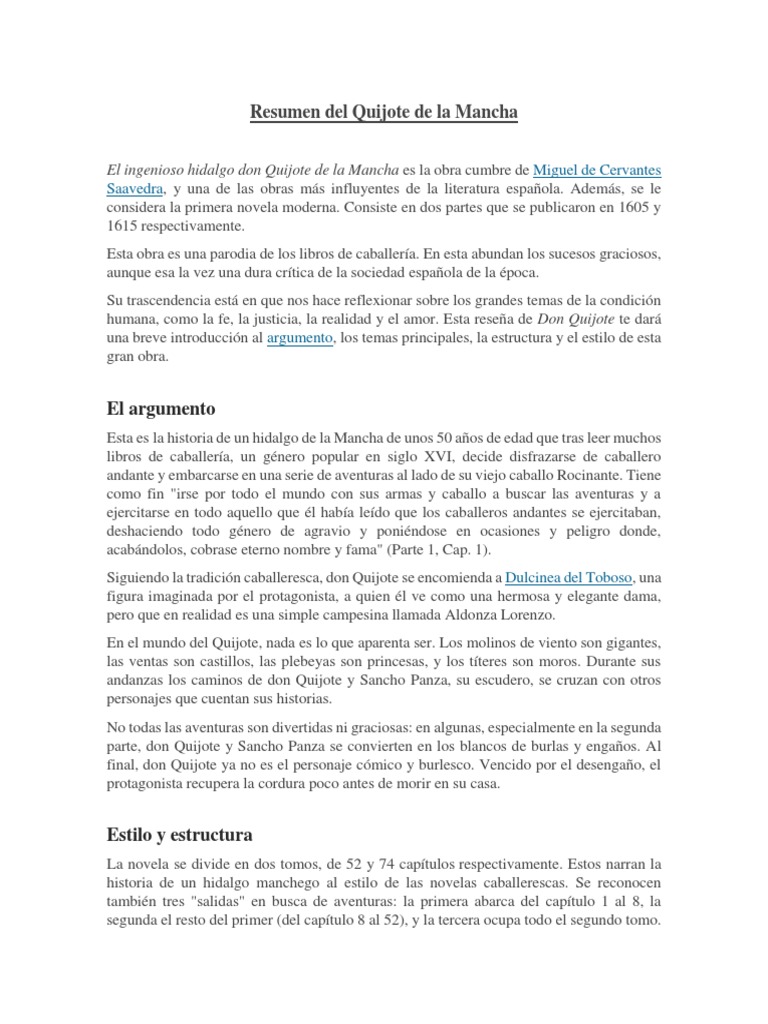 Resumen Del Quijote de La Mancha | PDF | Don Quijote | Miguel De Cervantes