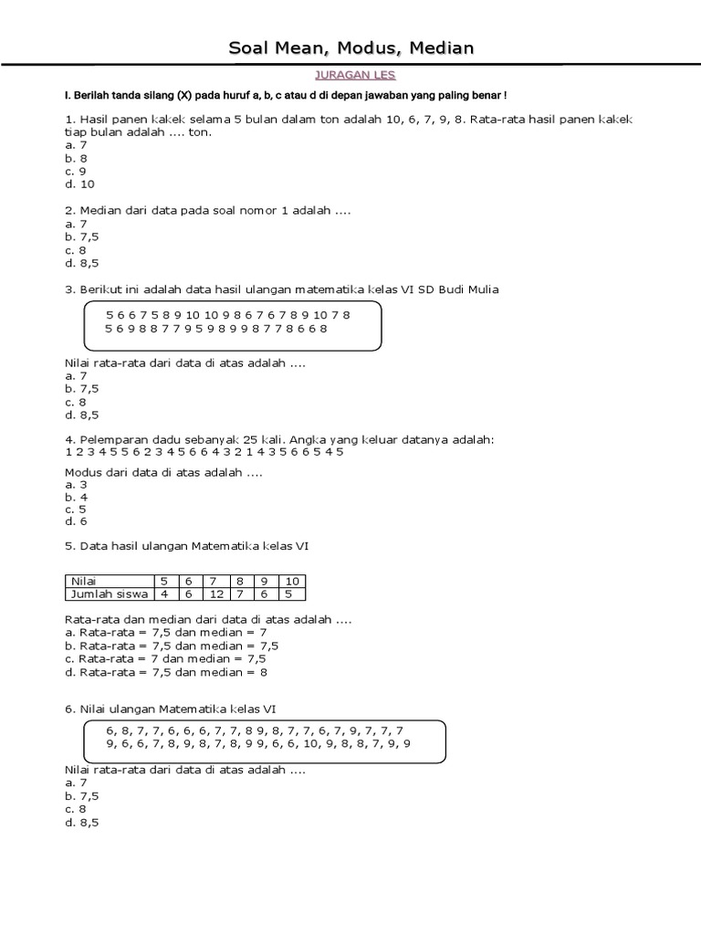 Latihan Soal Mean Median Modus Kelas 6 SD
