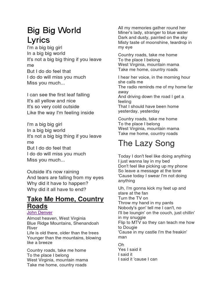 Big Big World Lyrics The Lazy Song Leisure