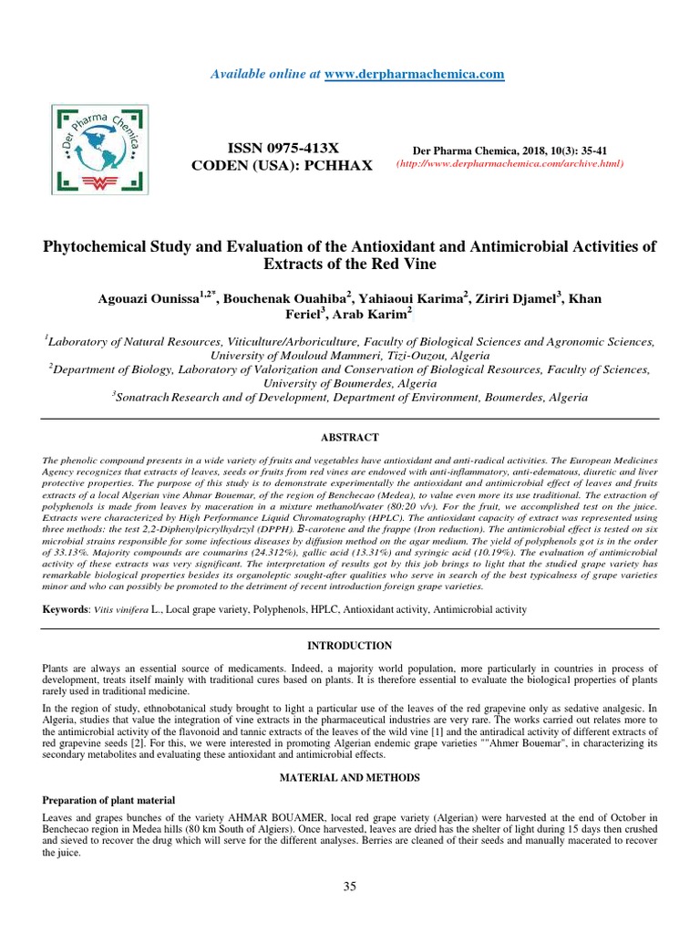 Phytochemical Study and Evaluation of The Antioxidant and Antimicrobial ...