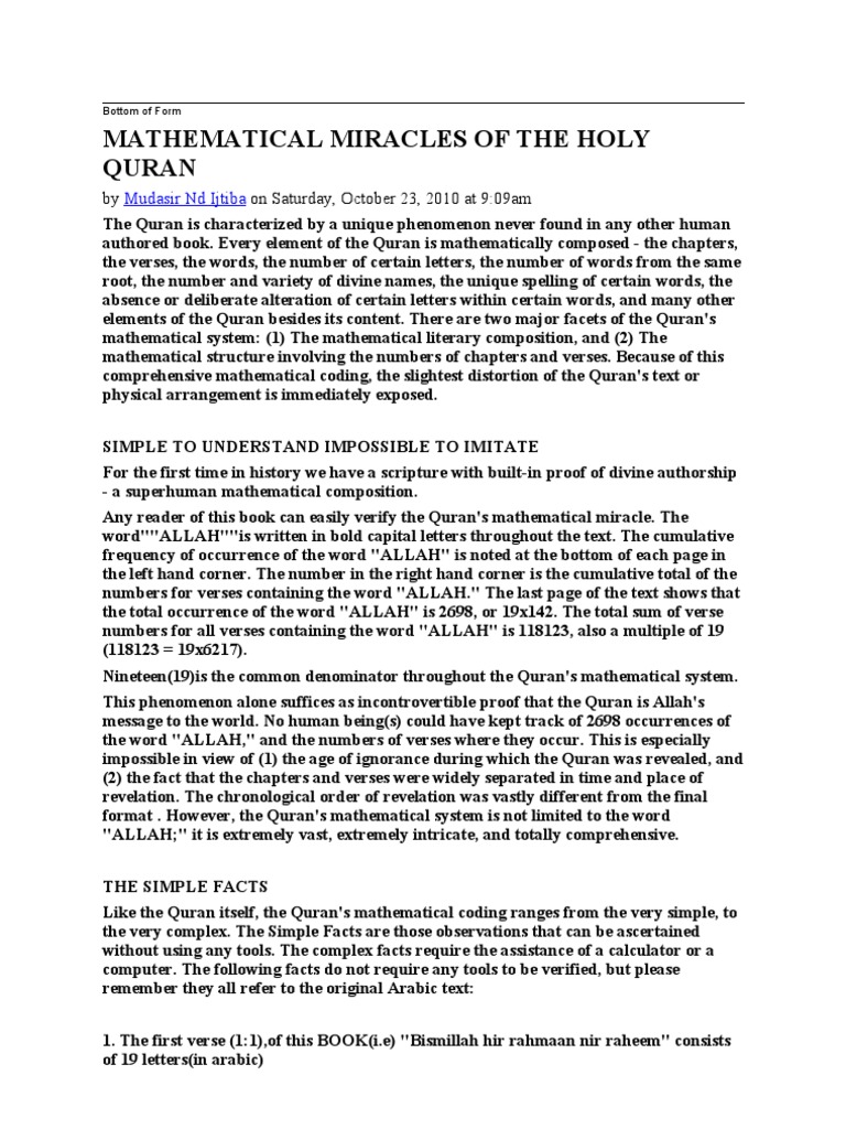 Mathematical Miracles of The Holy Quran | PDF | Quran | Islam