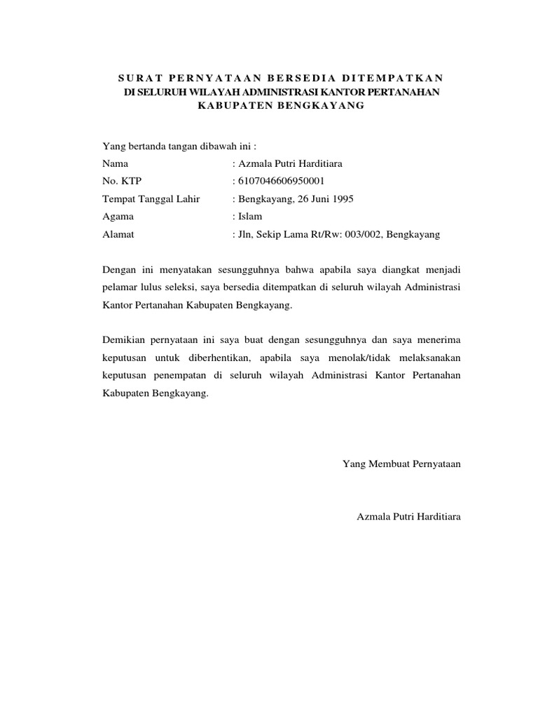 Surat Pernyataan Bersedia Ditempatkan