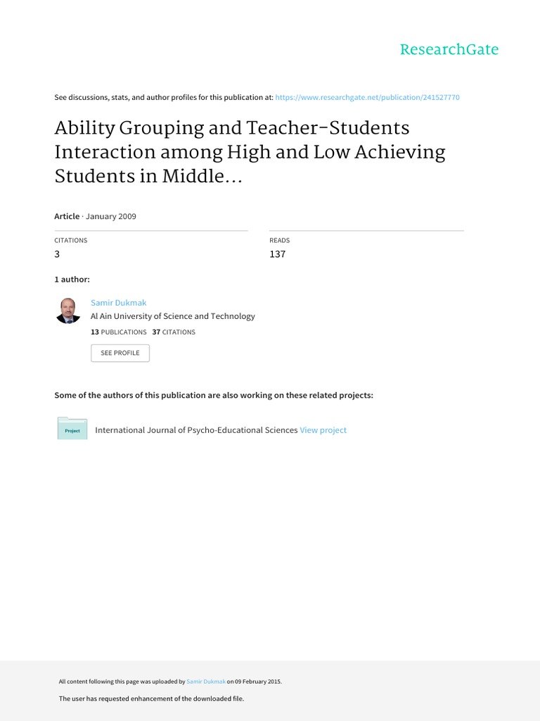 Ability Grouping And Teacher Students Interaction Among High And Low