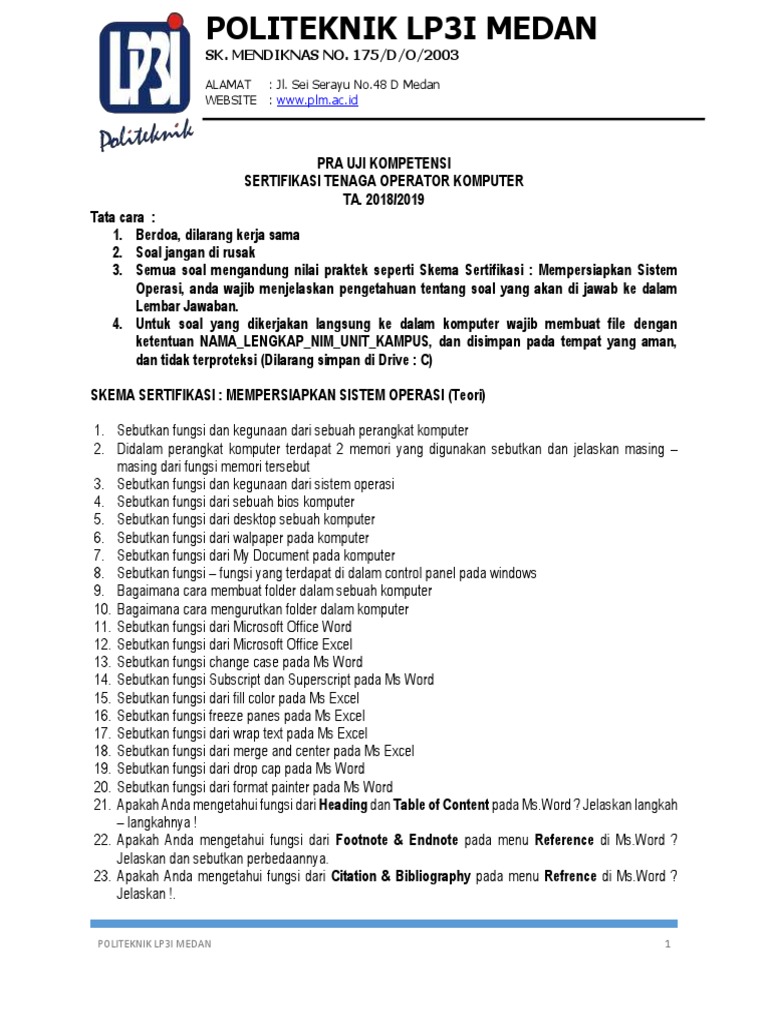 Soal Pra Uji Kompetensi Operator Komputer New