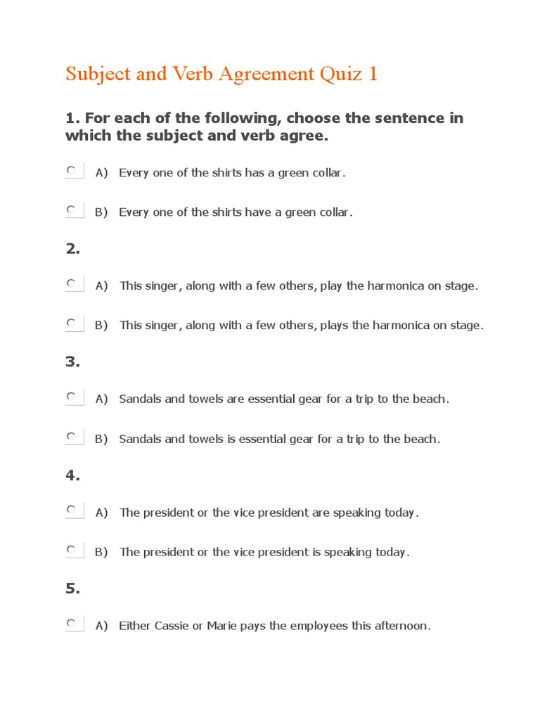 Grammar Quiz: Subject-Verb Agreement | PDF | Grammatical Number | Plural