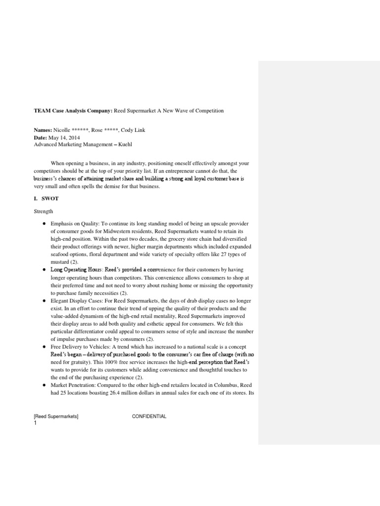 Reed Supermarkets Case Analysis PDF Supermarket Private Label