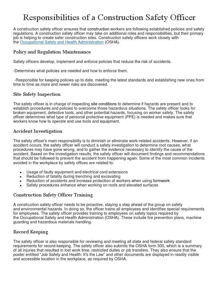 Responsibilities Of A Construction Safety Officer | Pdf | Occupational  Safety And Health Administration | Occupational Safety And Health