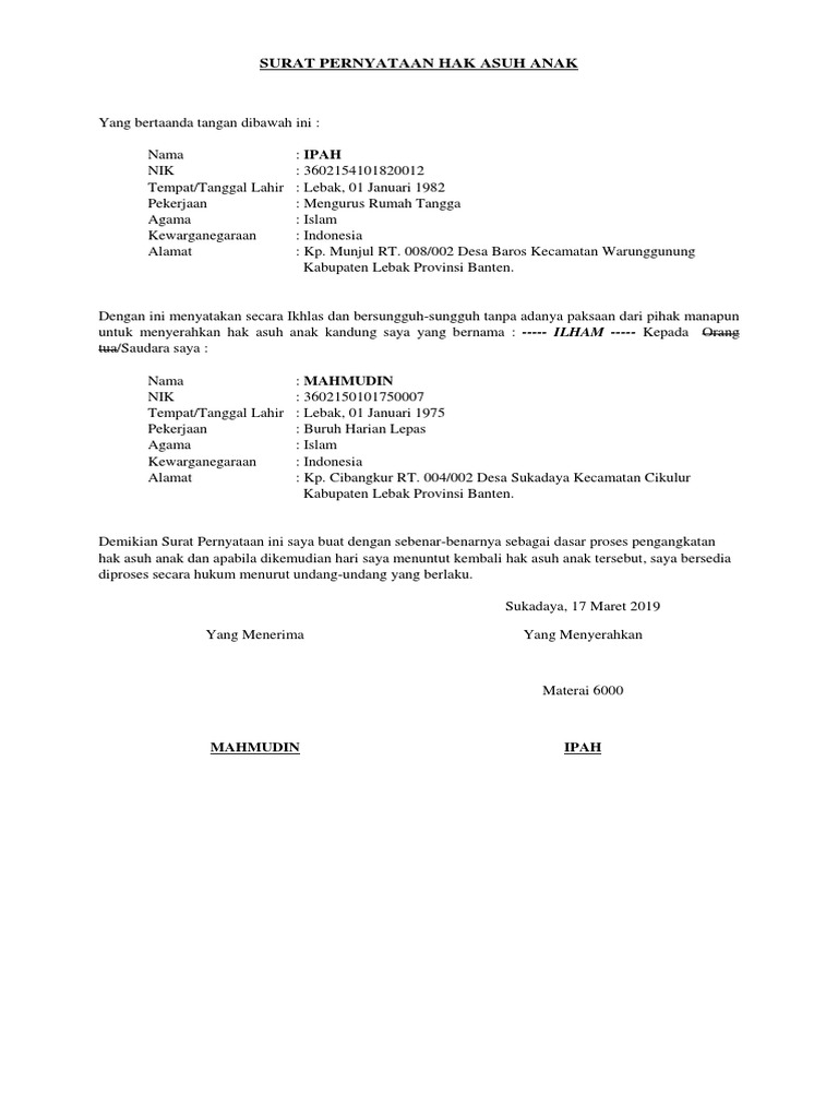 Surat Pernyataan Hak Asuh Anak Docx