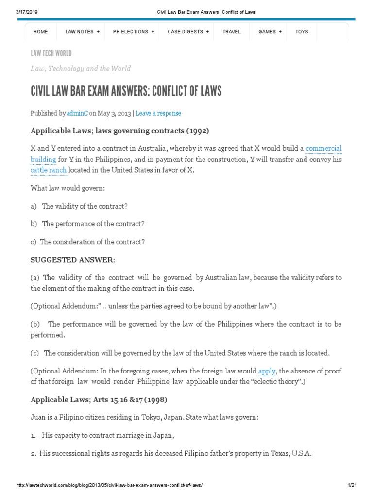 Civil Law Bar Exam Answers Conflict of Laws PDF Will And Testament